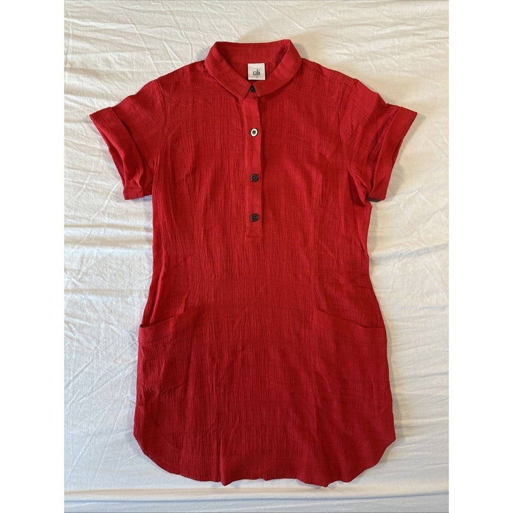 CAbi Size Small Hibiscus Red Button Neck Swim Cover Dress Vacation Resort #5117